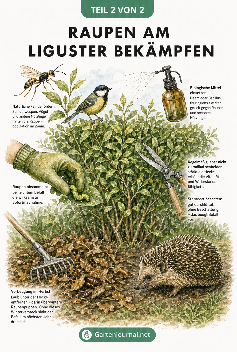 Querschnitt einer Ligusterhecke mit Maßnahmen zur Raupenbekämpfung: Nützlinge, biologische Spritzmittel, Absammeln, Rückschnitt und Laubentfernung im Herbst.