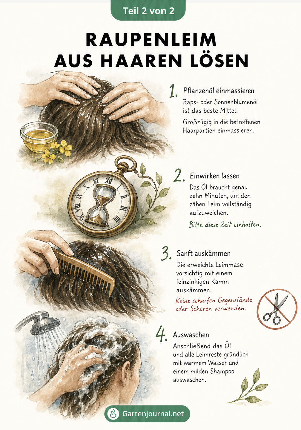 Aquarell-Illustration in vier Schritten: Raupenleim mit Pflanzenöl aus Haaren lösen, einwirken lassen, auskämmen und auswaschen