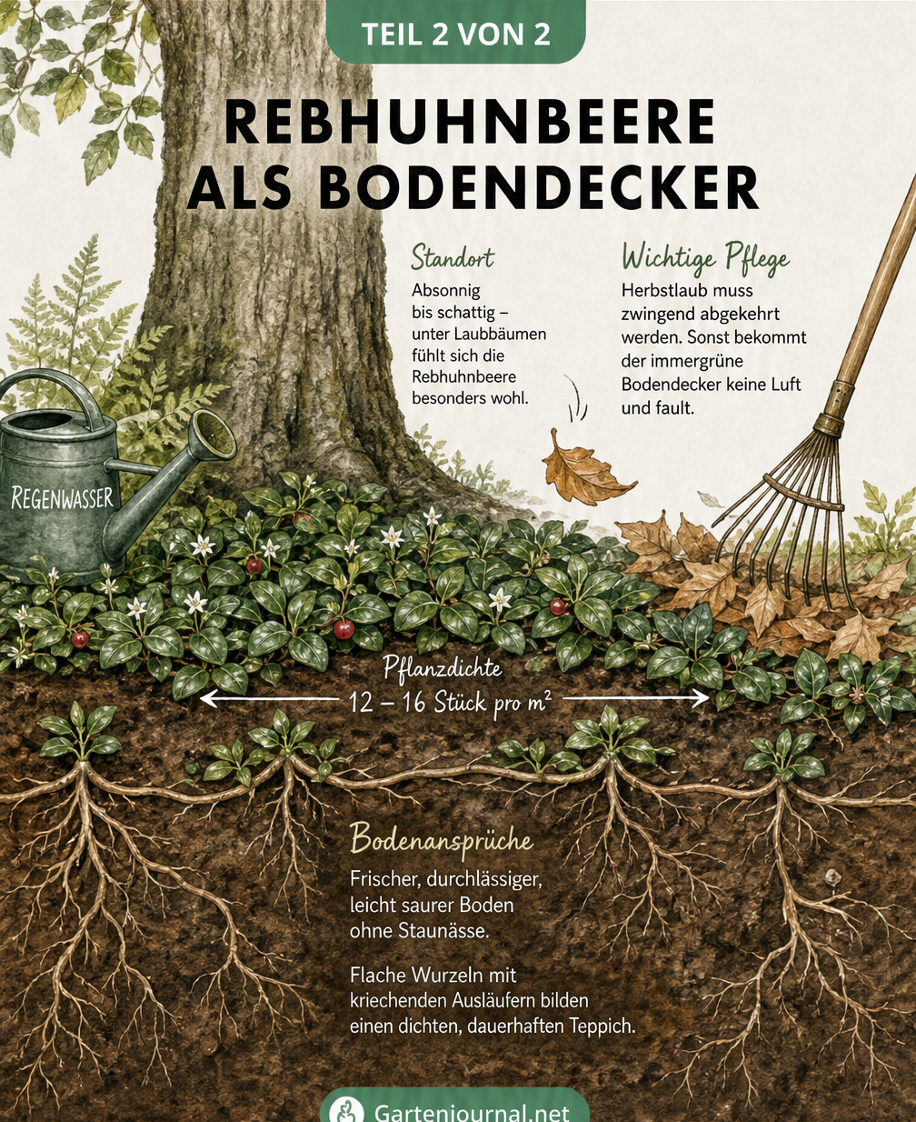 Illustration einer Rebhuhnbeere als Bodendecker unter einem Baum mit Wurzelwerk und Pflegehinweisen