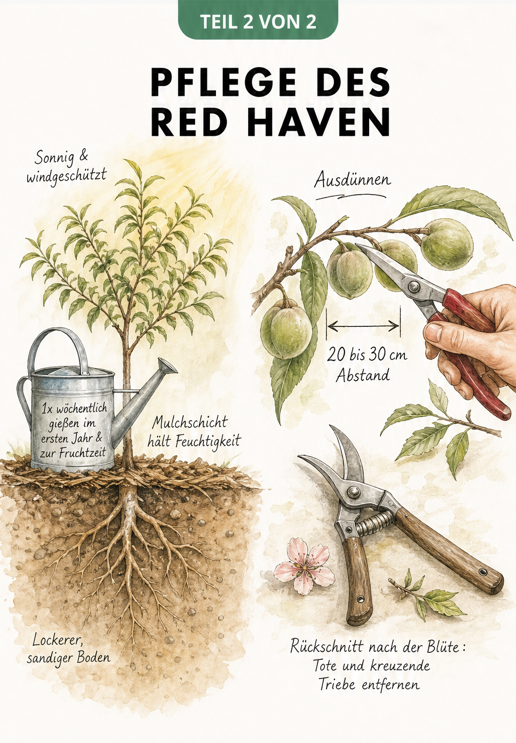 Illustration zur Pflege des Red Haven Pfirsichbaums mit Bodenansprüchen und Ausdünnen der Früchte