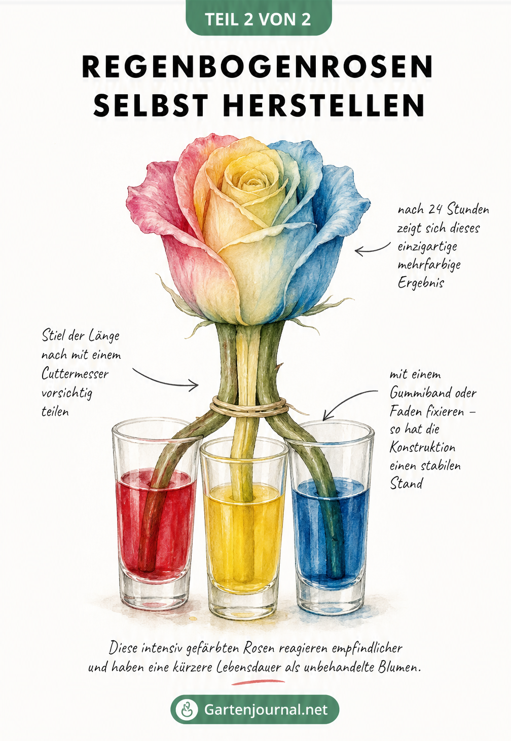 Detailzeichnung eines gespaltenen Rosenstiels, der in drei Gläser mit rotem, gelbem und blauem Wasser getaucht ist, um eine Regenbogenrose zu erzeugen.