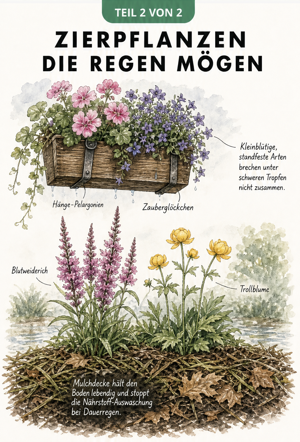 Illustration von regenfester Balkonbepflanzung und Stauden im feuchten Gartenbeet mit Mulchschicht