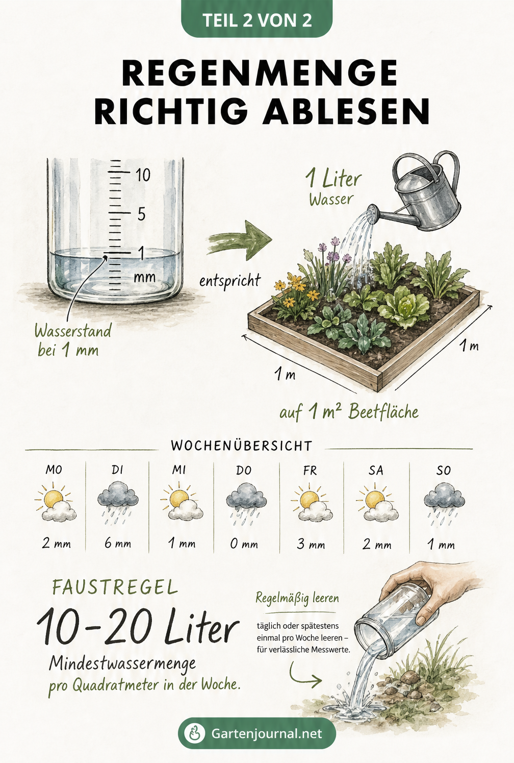 Illustration zur Umrechnung der Regenmenge: 1 Millimeter im Regenmesser entspricht 1 Liter Wasser pro Quadratmeter Beet.