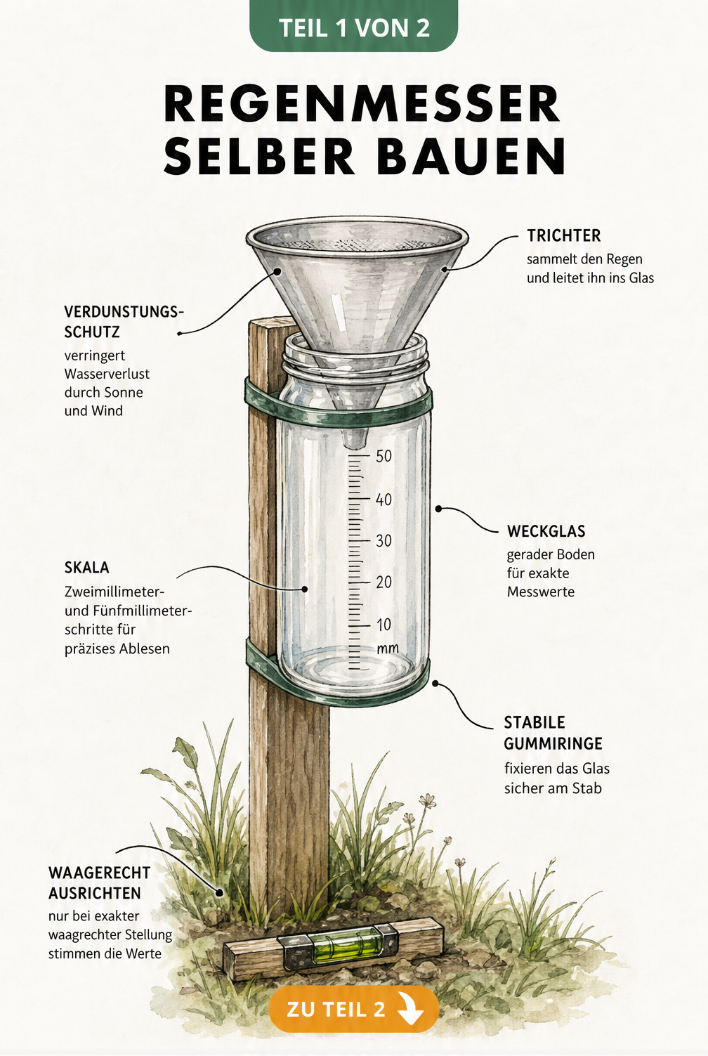 Handgezeichnete Illustration eines selbstgebauten Regenmessers aus einem Weckglas mit Trichter, befestigt an einem Holzstab im Garten.