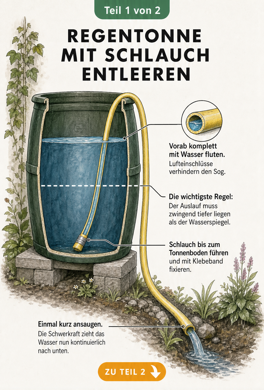 Querschnitt einer Regentonne mit Gartenschlauch, der das Wasser durch Ansaugen in ein tieferliegendes Beet leitet