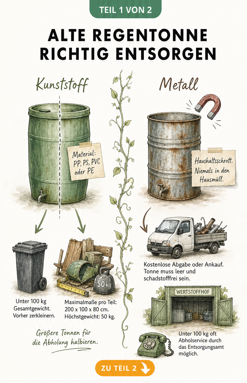 Illustration zur Entsorgung von Regentonnen aus Kunststoff und Metall