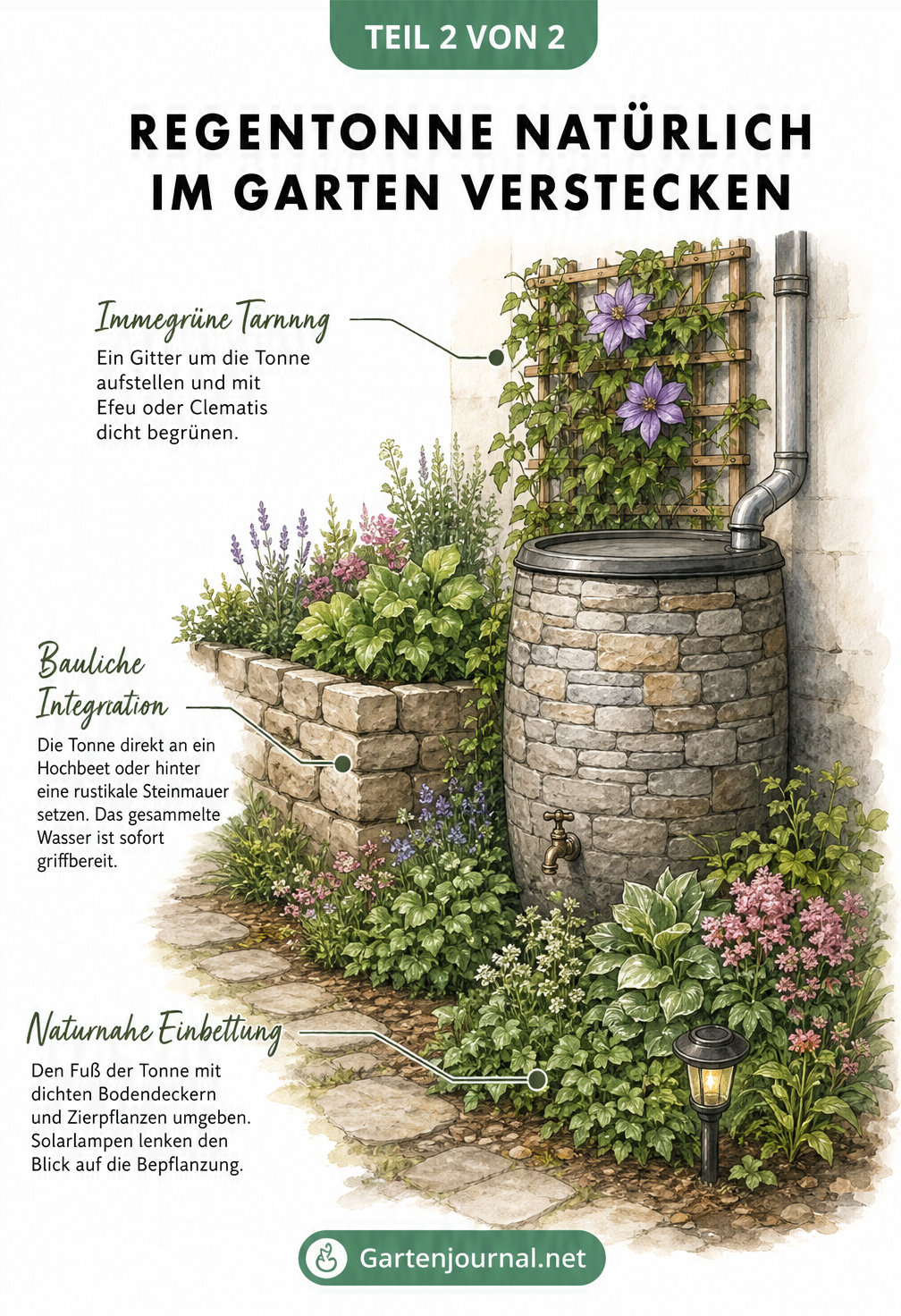 Gartenszene mit einer in Steinoptik verkleideten Regentonne, die durch Rankgitter, Hochbeet und Bodendecker natürlich in die Umgebung integriert ist.