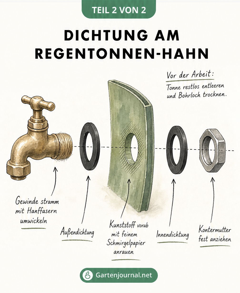 Explosionszeichnung der Montage eines Regentonnen-Hahns mit Hanffasern, Außendichtung, Kunststoffwand, Innendichtung und Kontermutter
