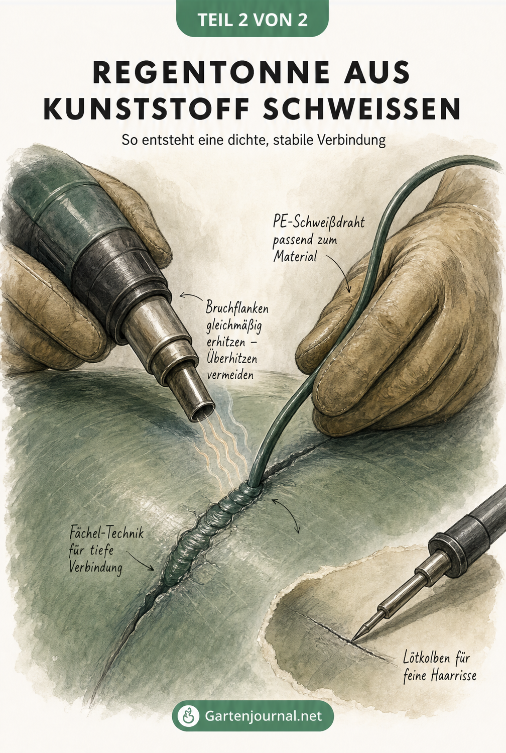 Nahaufnahme von Händen in Lederhandschuhen, die einen Riss in einer Regentonne mit Heißluftgebläse und PE-Schweißdraht verschweißen