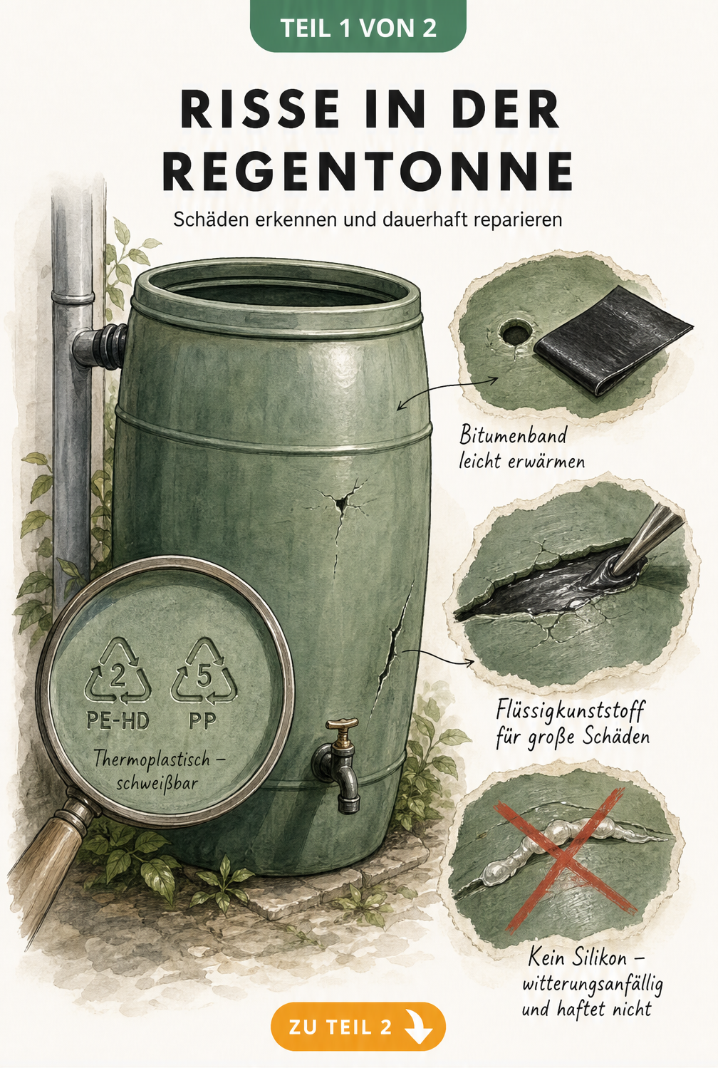 Illustration einer Regentonne mit Lupe auf Recycling-Codes und drei Detailansichten zur Reparatur von Rissen mit Bitumenband und Flüssigkunststoff
