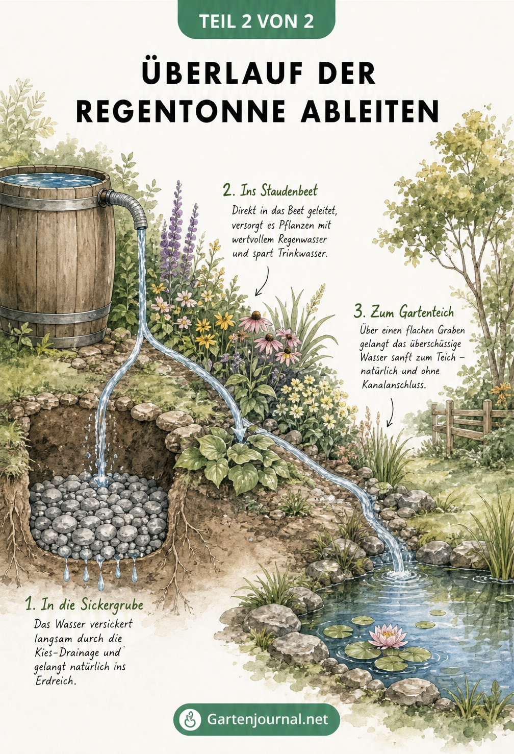 Illustration eines Gartens mit einer Regentonne, deren Überlaufwasser in eine Sickergrube, ein Staudenbeet und einen Gartenteich geleitet wird.