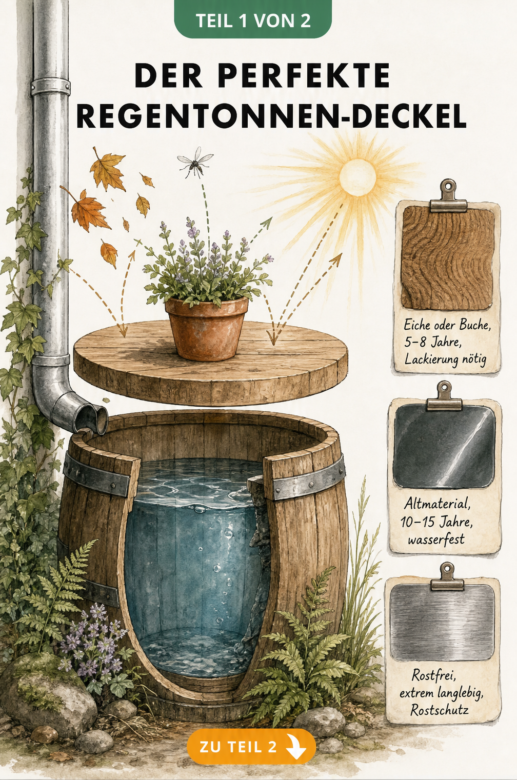 Illustration einer Regentonne mit Holzdeckel, an dem Laub, Mücken und Sonnenstrahlen abprallen, sowie Materialproben für Holz, Kunststoff und Metall.