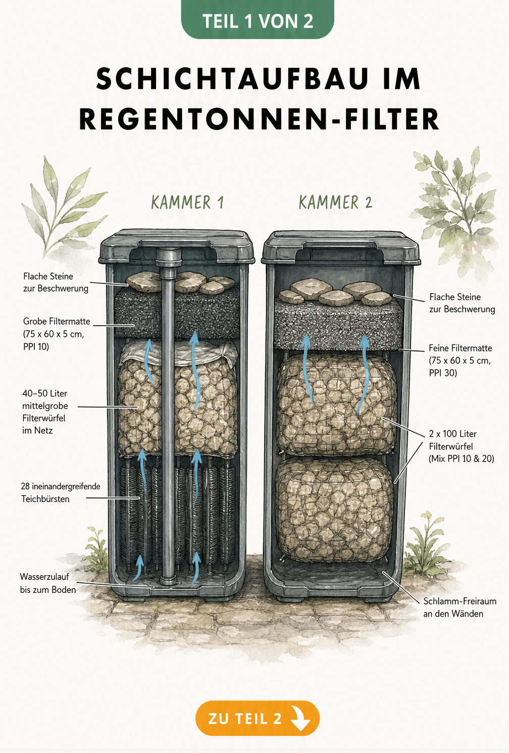 Schnittzeichnung eines Regentonnen-Filters mit zwei Kammern, Teichbürsten und Filterwürfeln