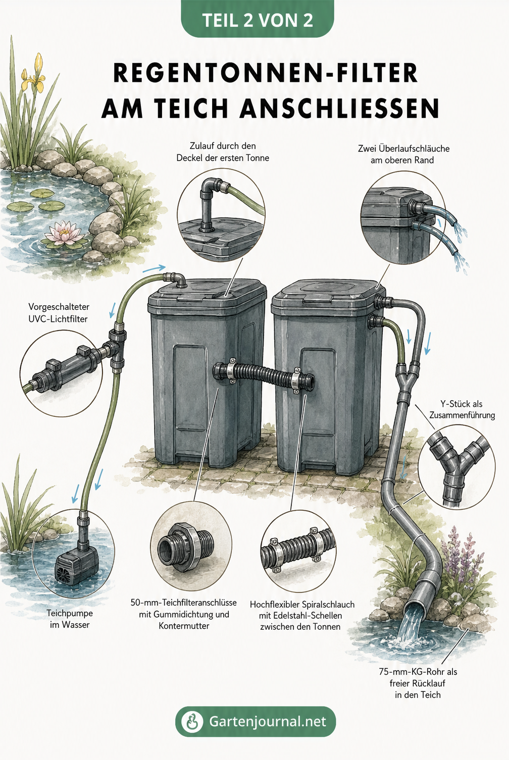 Skizze zum Anschluss eines Regentonnen-Filters an den Gartenteich mit Schläuchen und Rohren
