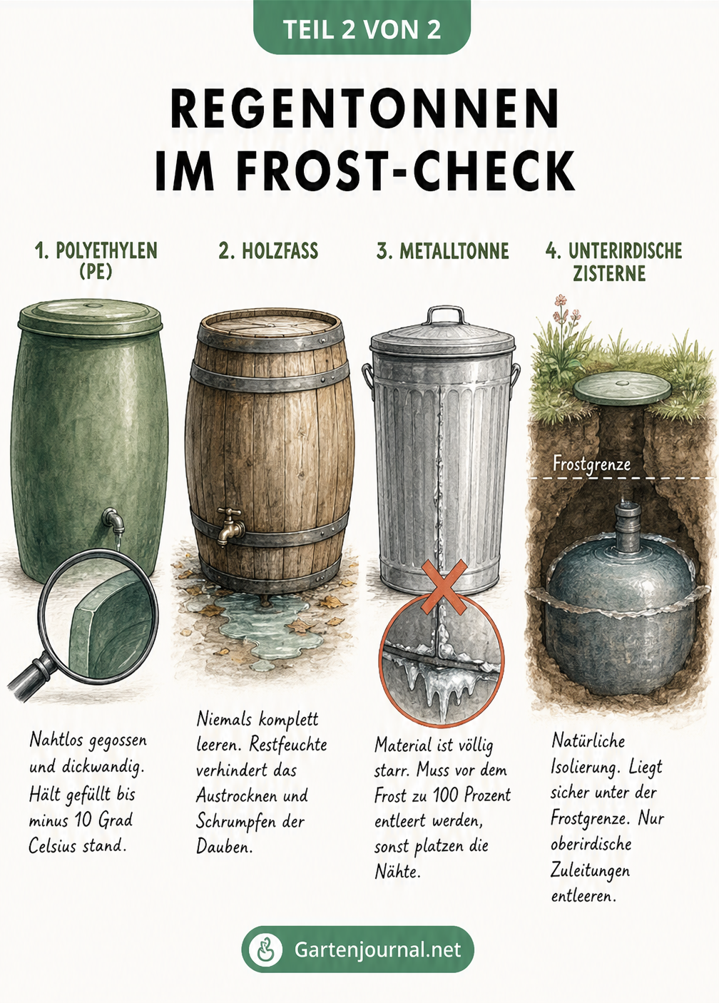 Illustration von vier verschiedenen Regenspeicher-Materialien: Polyethylen, Holzfass, Metalltonne und unterirdische Zisterne mit Hinweisen zur...