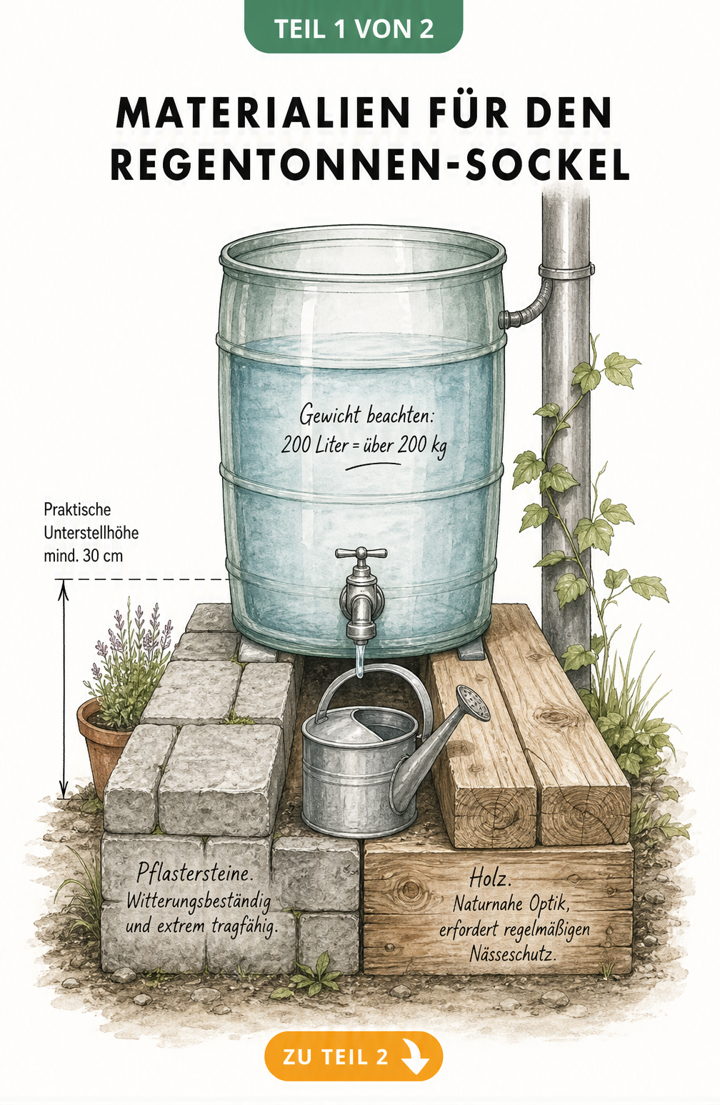Schnitt-Illustration einer Regentonne auf zwei verschiedenen Sockel-Varianten: Pflastersteine und Holzbalken.