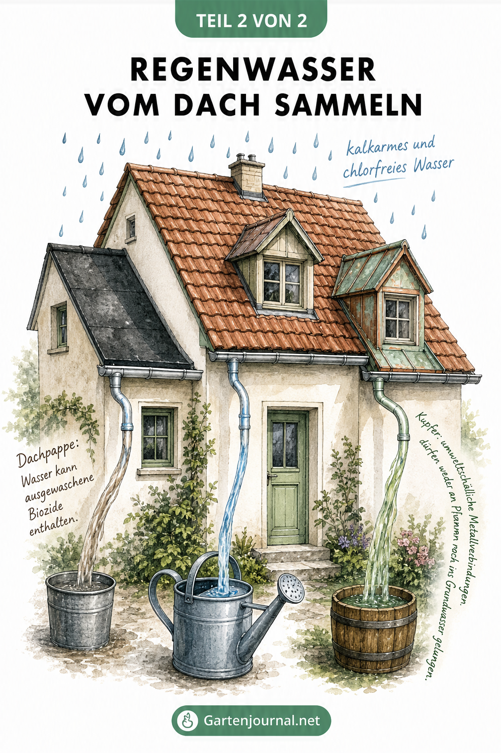 Illustration eines Hauses mit verschiedenen Dachmaterialien und deren Einfluss auf die Qualität des gesammelten Regenwassers.