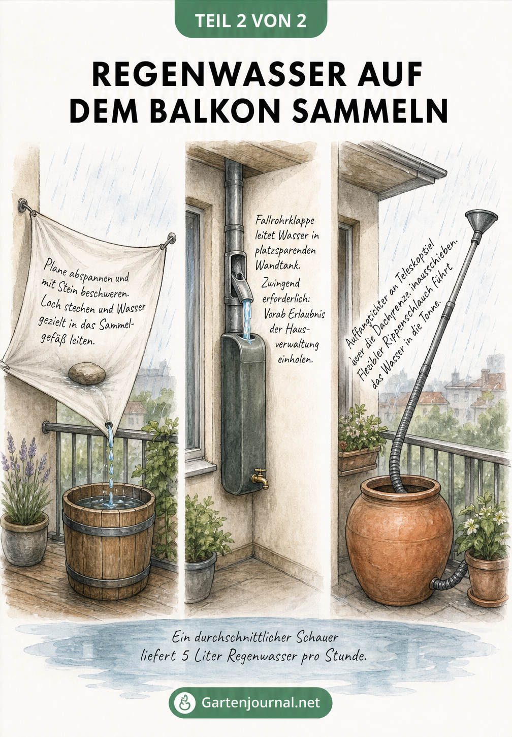 Drei Balkon-Szenen zeigen Methoden zum Regenwasser sammeln: mit Plane, Fallrohrklappe und Teleskopstange