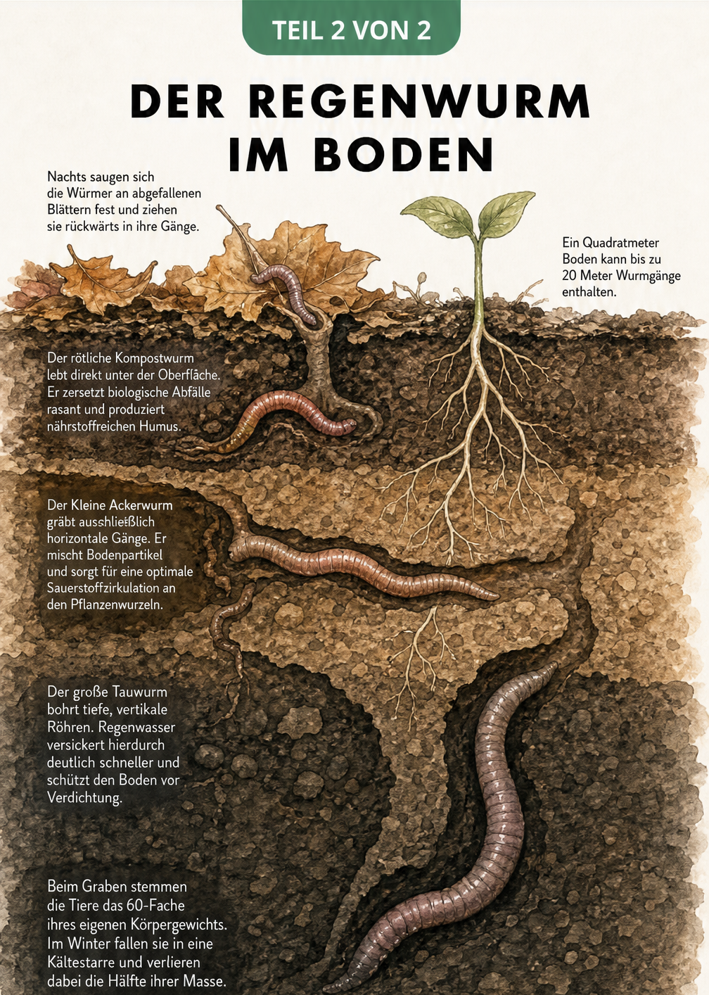Illustration verschiedener Regenwurm-Arten in unterschiedlichen Erdschichten und deren Gänge im Boden