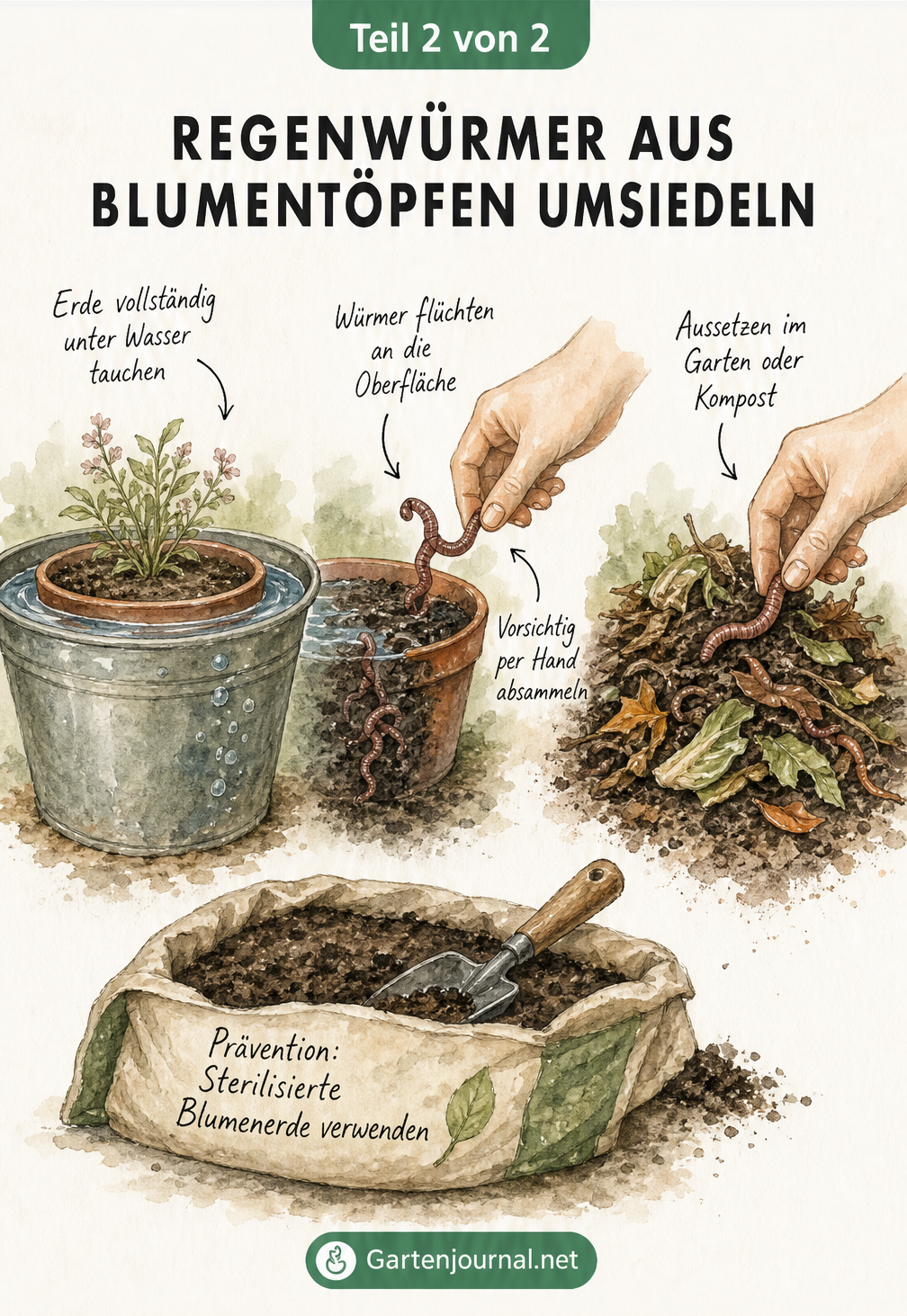 Illustration: Blumentopf in Wasser tauchen, Regenwurm absammeln und im Garten oder Kompost aussetzen