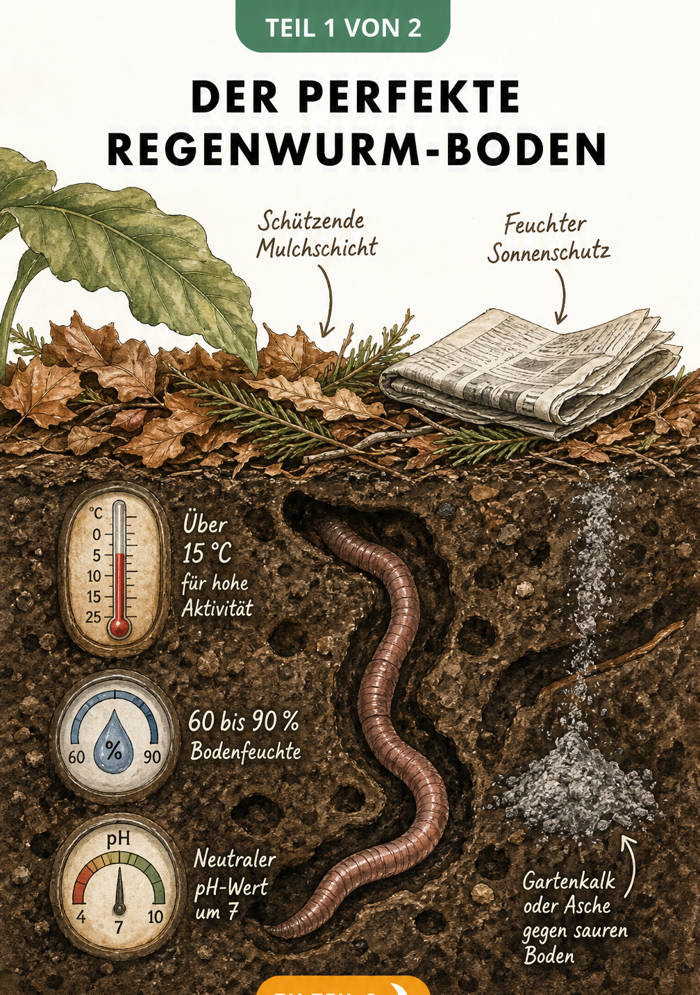 Querschnitt durch ein Gartenbeet mit Regenwurm, Mulchschicht und optimalen Bedingungen wie 15 Grad Temperatur und neutralem pH-Wert
