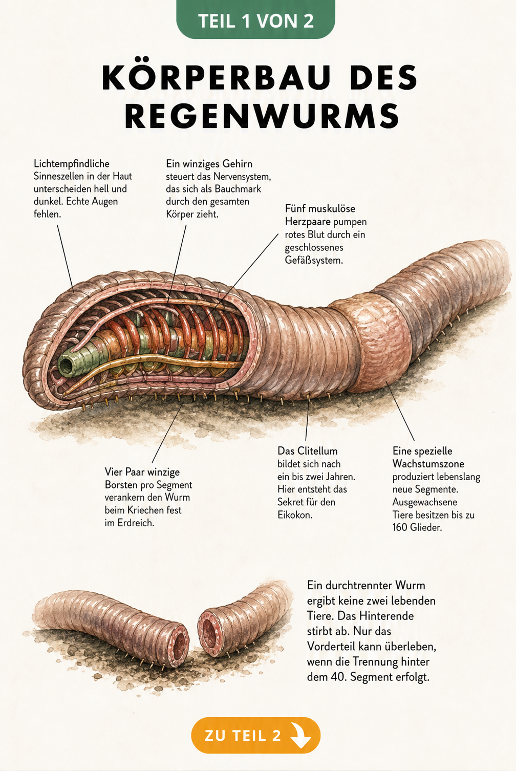 Anatomischer Querschnitt eines Regenwurms mit Beschriftung der inneren Organe wie Gehirn, Herzen und Blutgefäße
