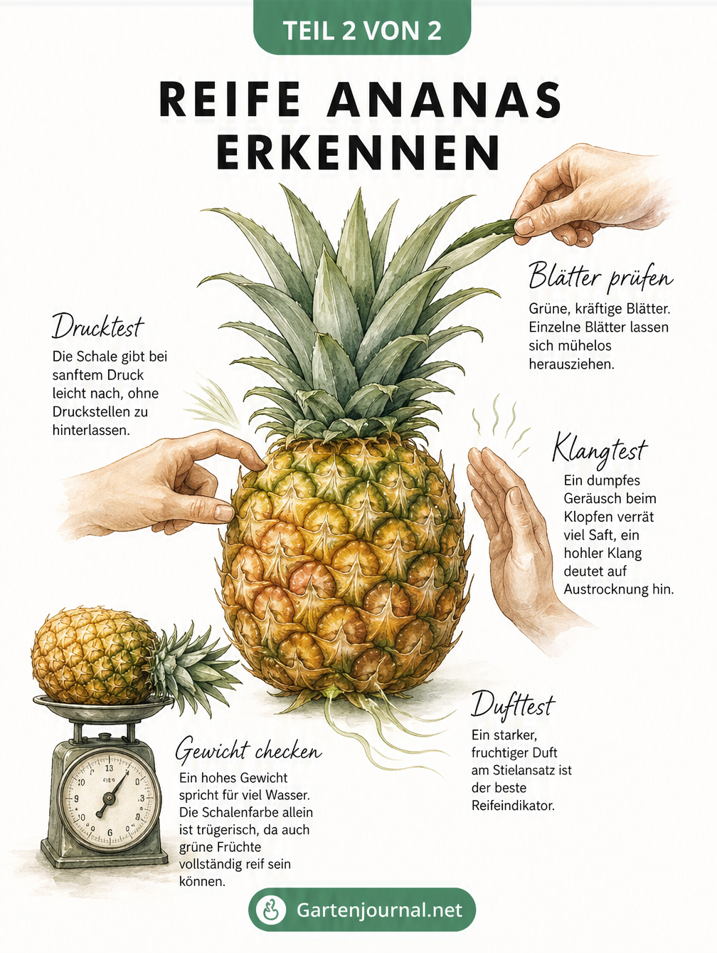 Illustration einer reifen Ananas mit Markierungen für Geruchs-, Druck- und Klangtest