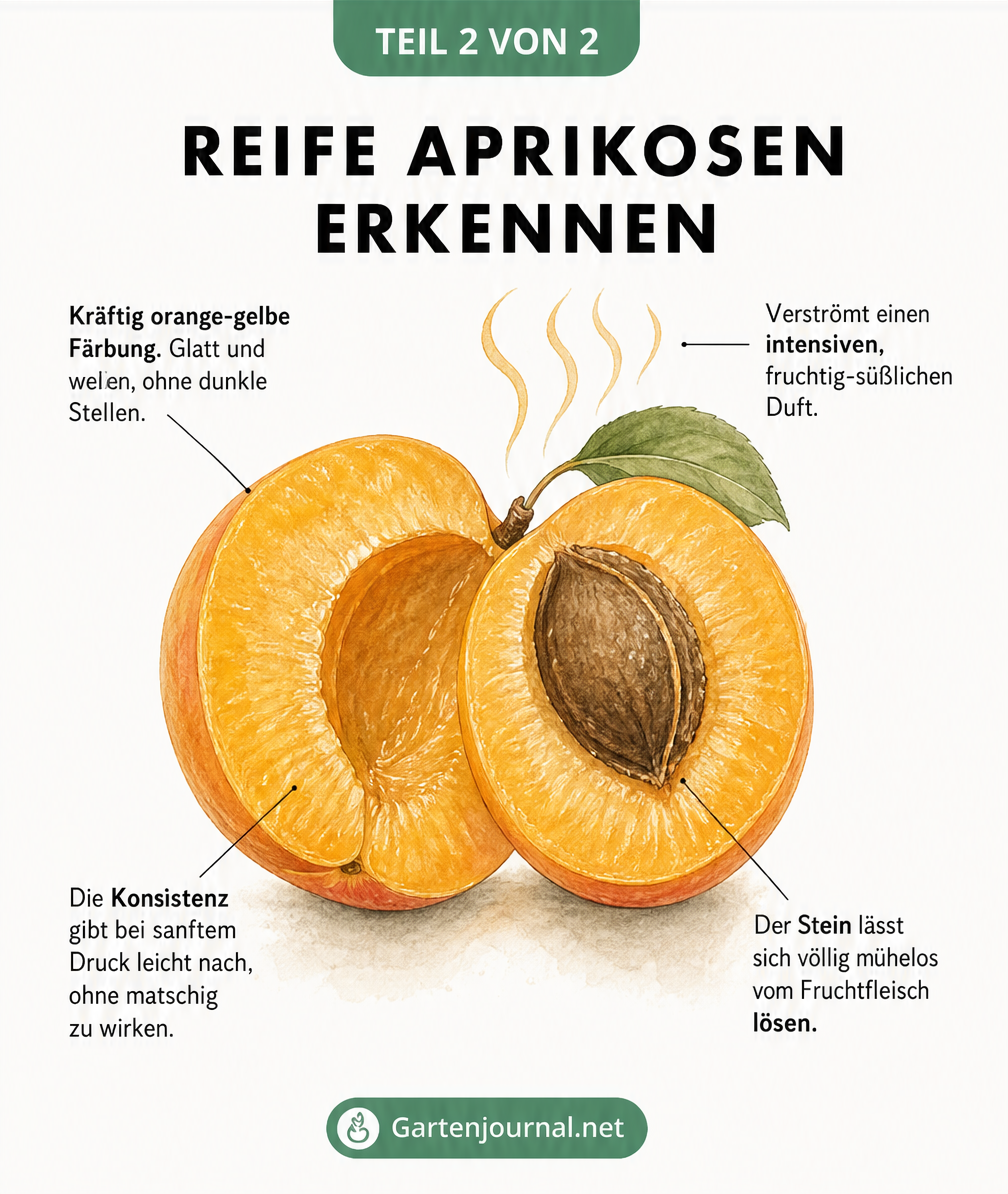 Querschnitt einer reifen Aprikose mit Beschriftungen zu Farbe, Duft, Konsistenz und Kern.