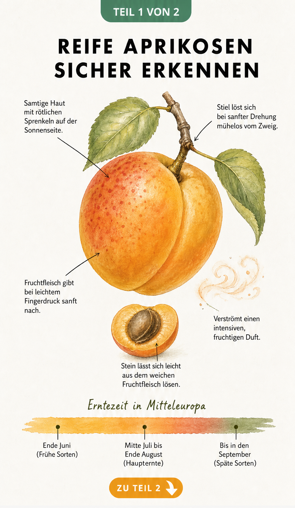 Illustration einer reifen Aprikose mit Merkmalen wie samtiger Haut, leicht lösbarem Stiel und weichem Fruchtfleisch sowie einem Zeitstrahl zur Erntezeit.