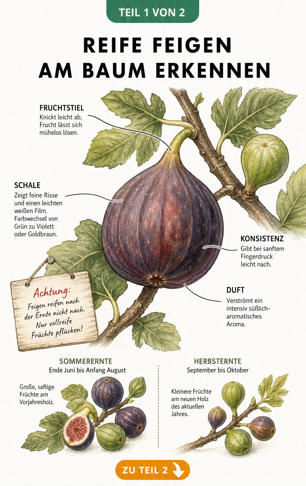 Botanische Illustration eines Feigenzweigs mit einer reifen Feige und Merkmalen zur Reifeerkennung wie Fruchtstiel, Schale, Konsistenz und Duft