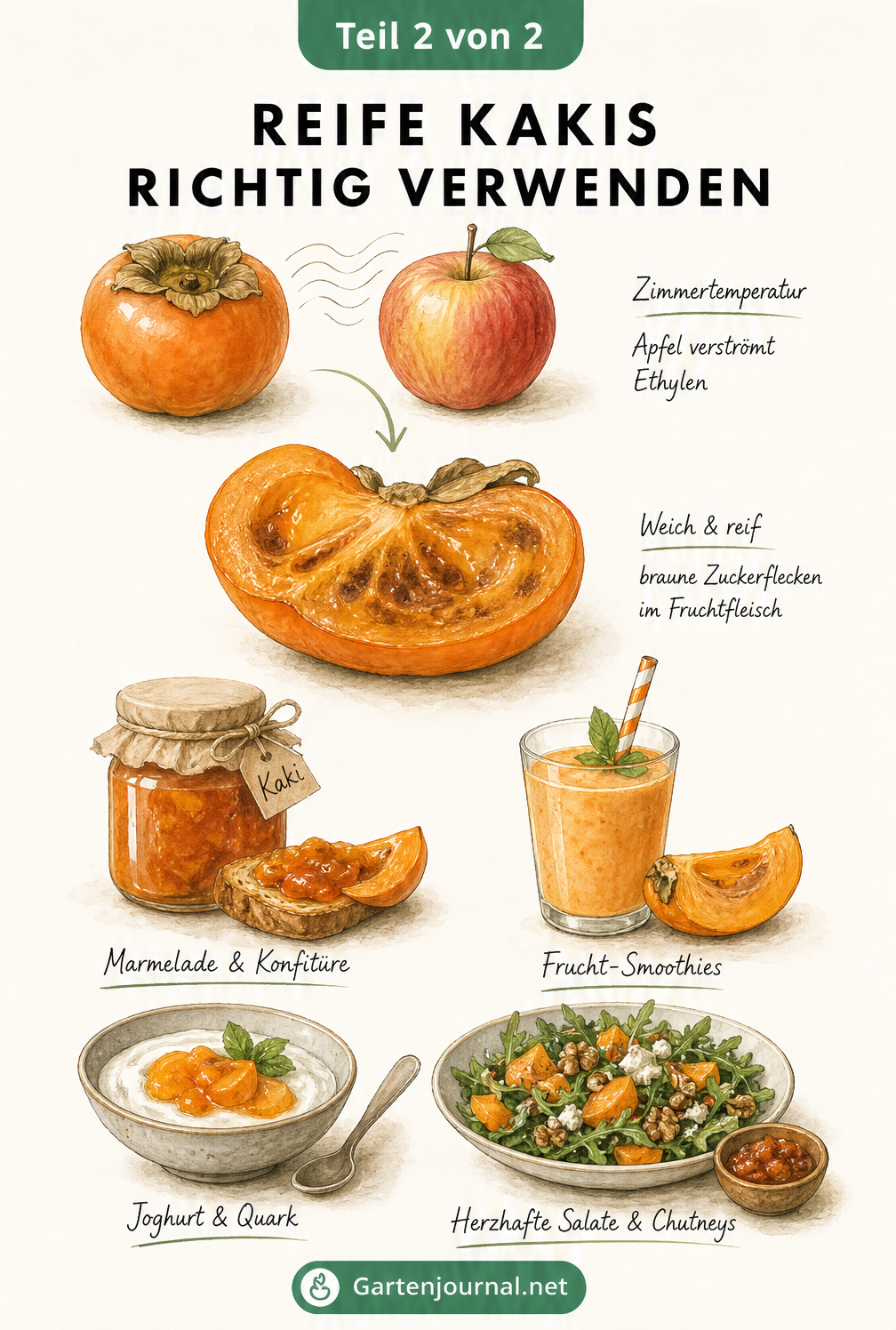Illustration des Reifeprozesses von Kakis und vier Verwendungsmöglichkeiten für weiche Früchte