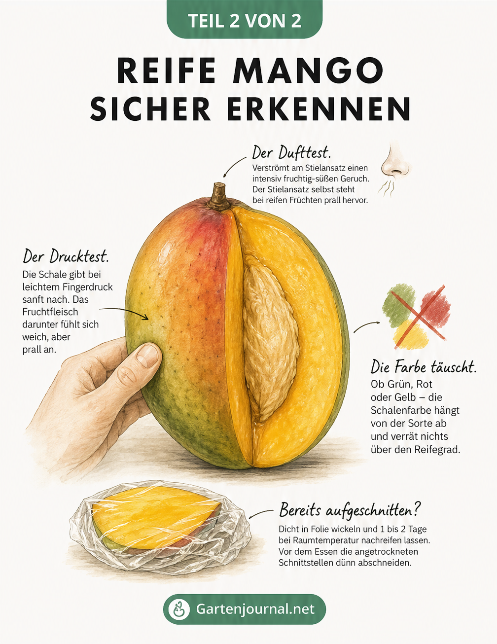 Illustration einer aufgeschnittenen Mango mit Hinweisen zum Erkennen der Reife durch Duft, Druck und Farbe.