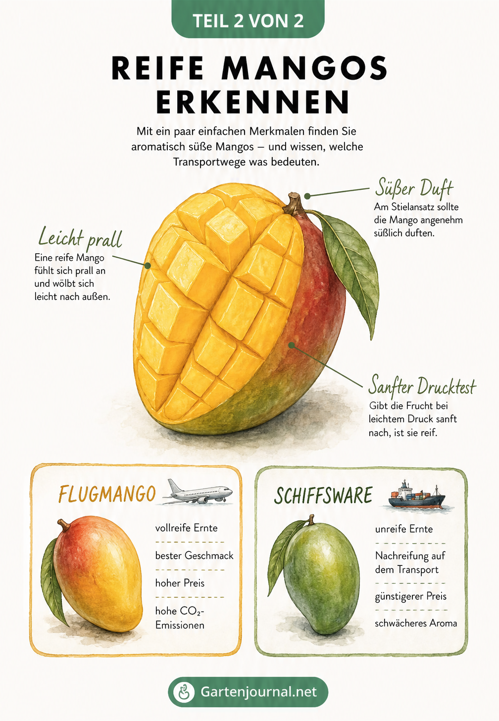 Aquarell-Illustration einer reifen Mango mit Hinweisen zu Reifemerkmalen wie Duft und Drucktest sowie einem Vergleich von Flugmango und Schiffsware