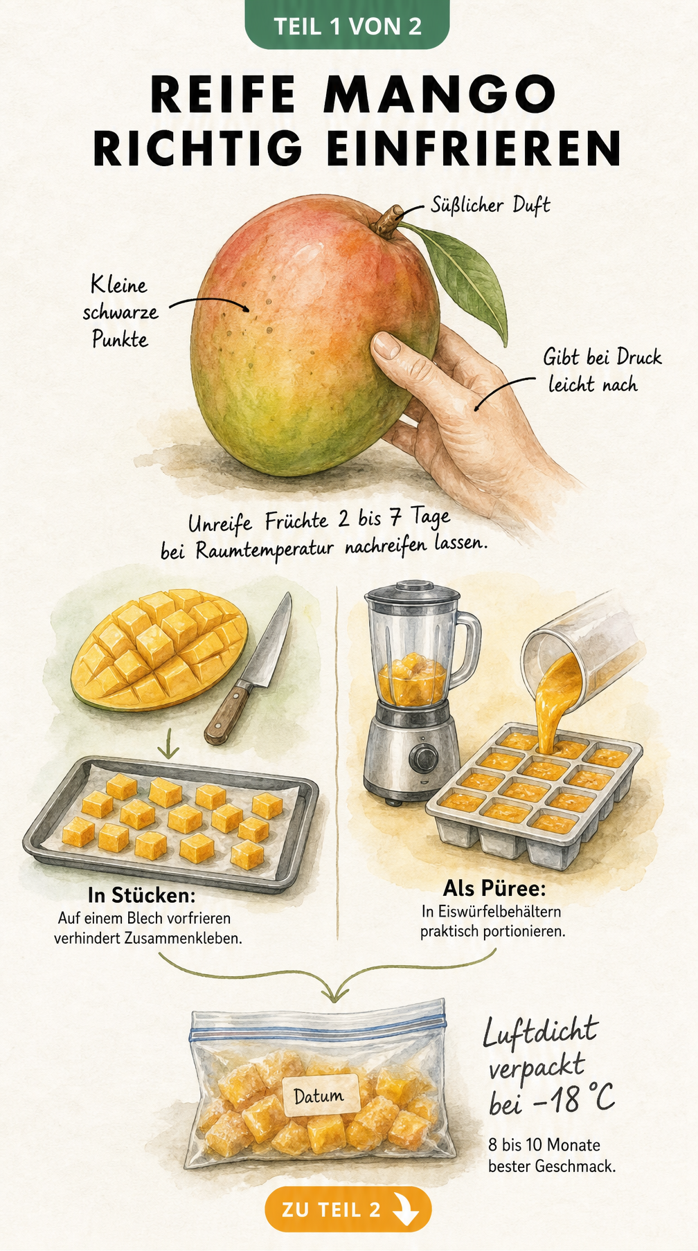 Illustration einer reifen Mango mit Hinweisen zum Reifegrad und zwei Methoden zum Einfrieren in Stücken oder als Püree