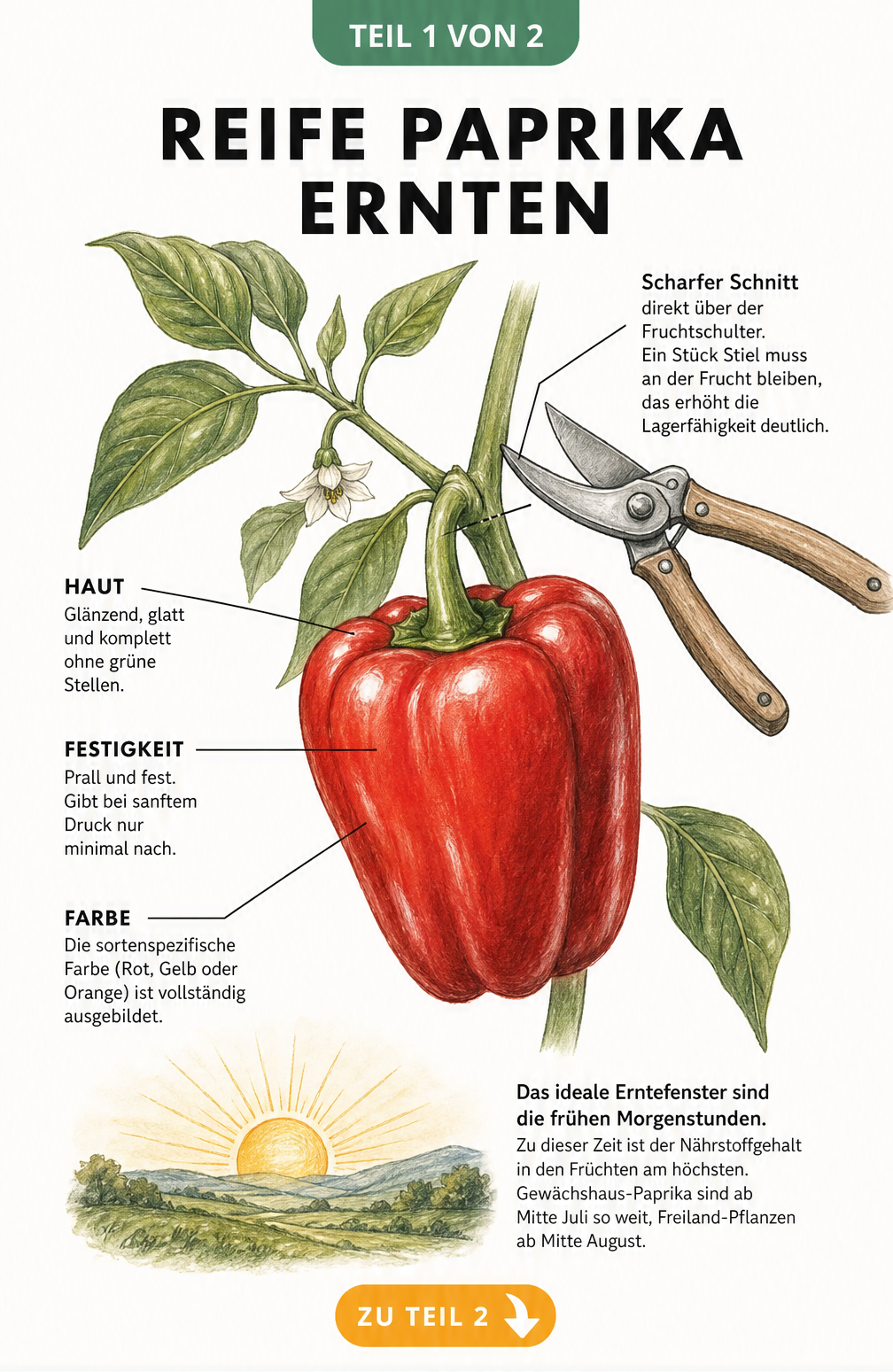 Illustration einer reifen roten Paprika an der Pflanze mit Hinweisen zu Erntezeitpunkt, Schnitttechnik und Fruchtbeschaffenheit