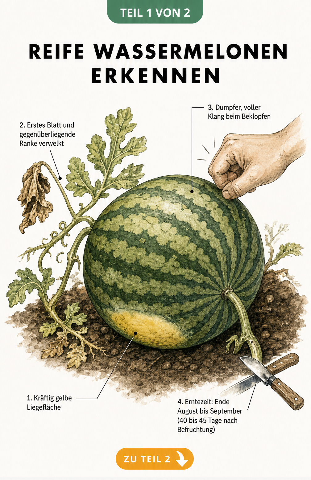 Botanische Illustration einer reifen Wassermelone mit Merkmalen wie gelber Liegefläche, verwelkter Ranke und dumpfem Klang beim Beklopfen