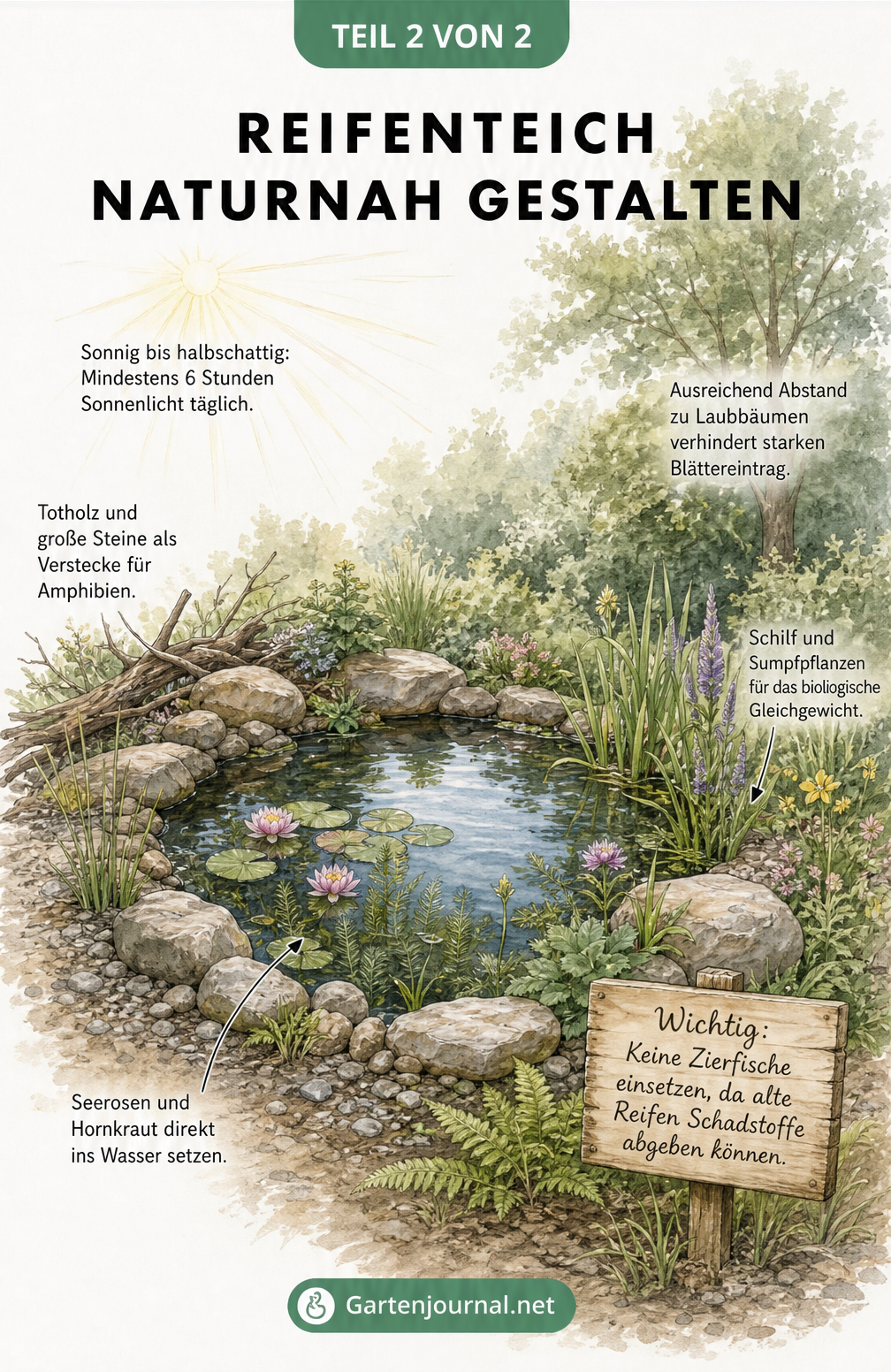Illustration eines naturnah gestalteten Reifenteichs mit Wasserpflanzen und Steinen