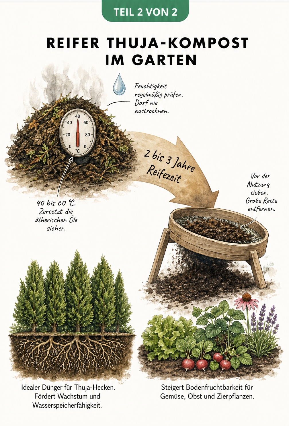 Illustration des Reifeprozesses von Thuja-Kompost vom dampfenden Haufen bis zur Düngung von Hecken und Gemüse