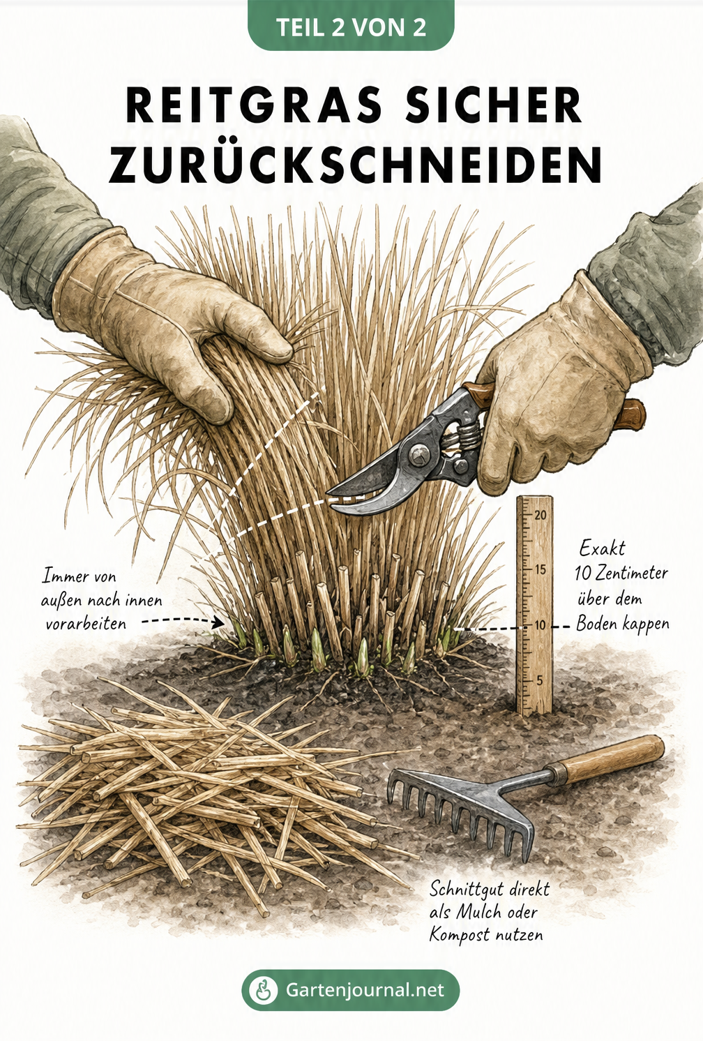 Botanische Illustration, die zeigt, wie Reitgras mit einer Gartenschere 10 Zentimeter über dem Boden abgeschnitten wird