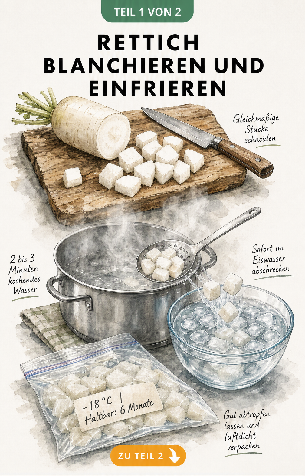 Aquarell-Illustration: Rettich in gleichmäßige Stücke schneiden, in kochendem Wasser blanchieren, in Eiswasser abschrecken und in einem Gefrierbeutel luftdicht...