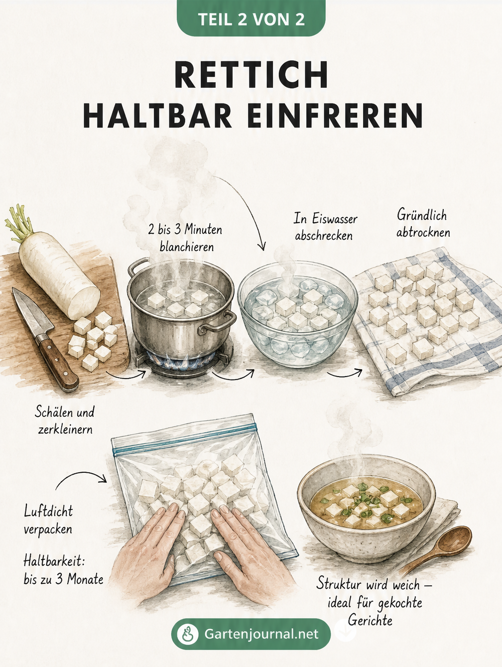 Schritt-für-Schritt-Anleitung zum Einfrieren von Rettich: Schälen, Blanchieren, Abschrecken, Abtrocknen und Verpacken