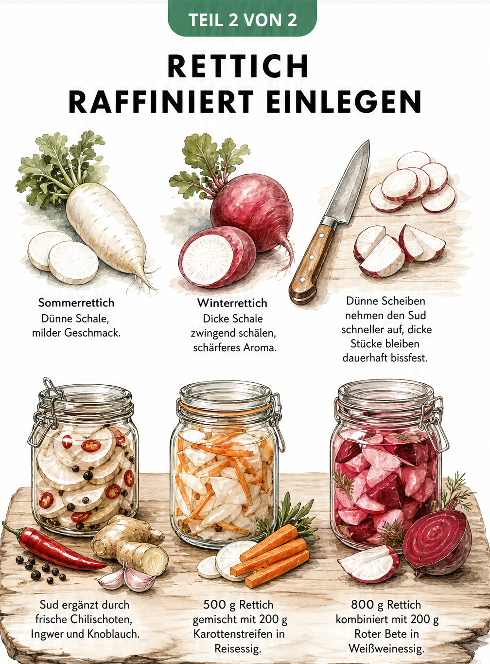 Illustration von Rettichsorten und drei Einmachgläsern mit verschiedenen Variationen von eingelegtem Rettich