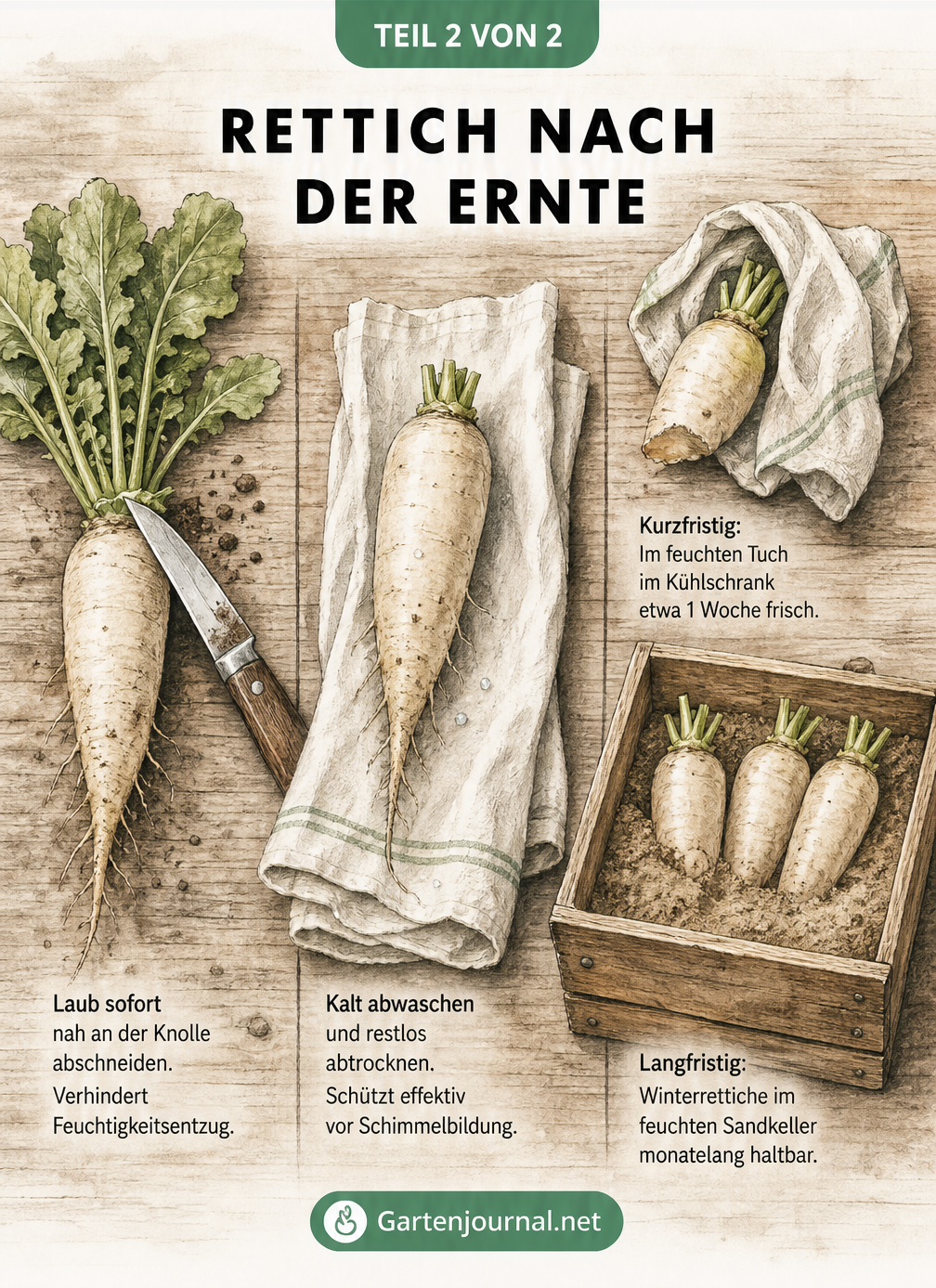 Illustration zur Vorbereitung und Lagerung von Rettich nach der Ernte mit Laubentfernung und Lagerung im Kühlschrank oder Sandkeller