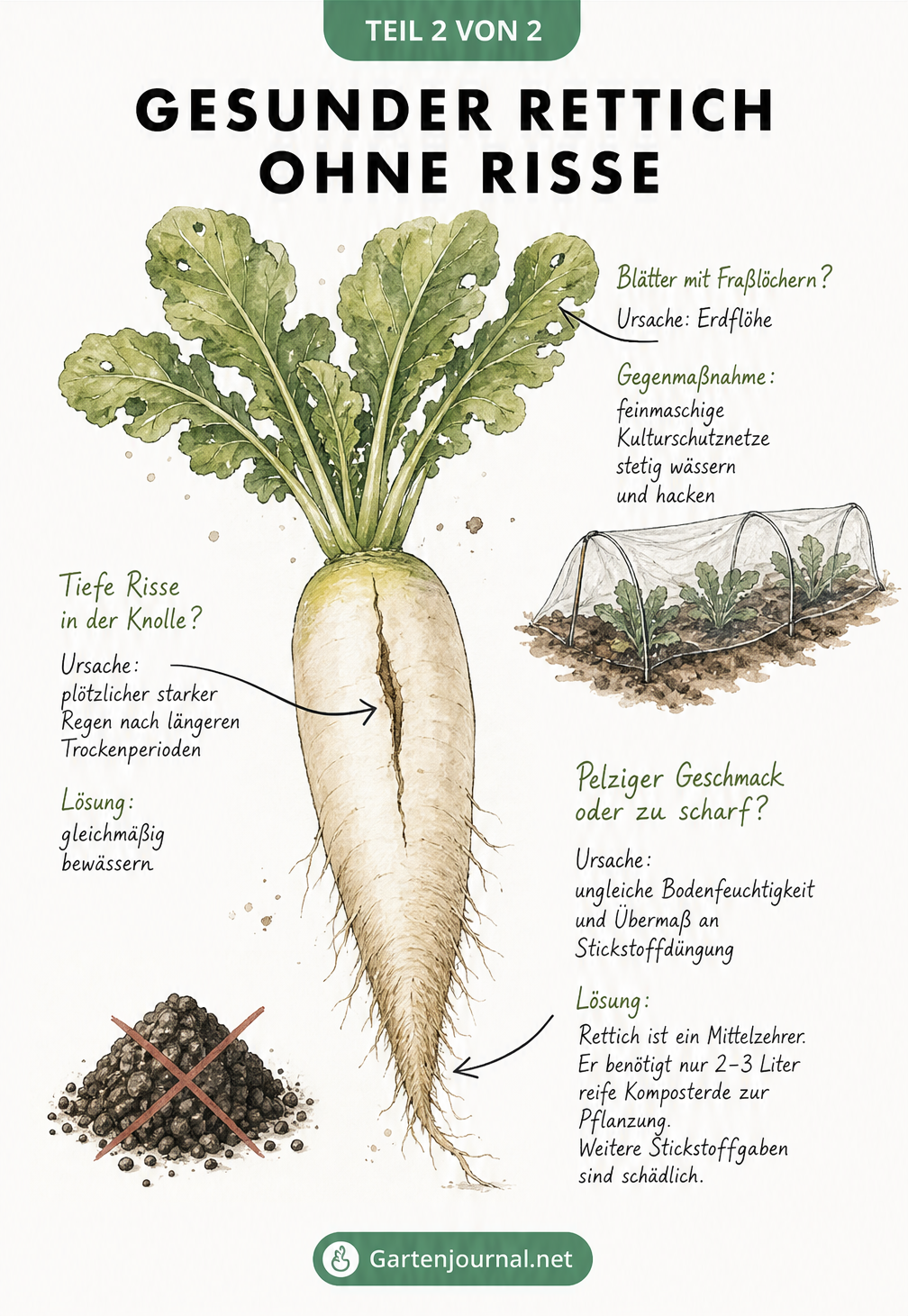 Illustration einer Rettichpflanze mit Hinweisen zu Erdflöhen, Rissen in der Knolle durch ungleichmaessige Bewaesserung und holzigem Geschmack durch zu viel...