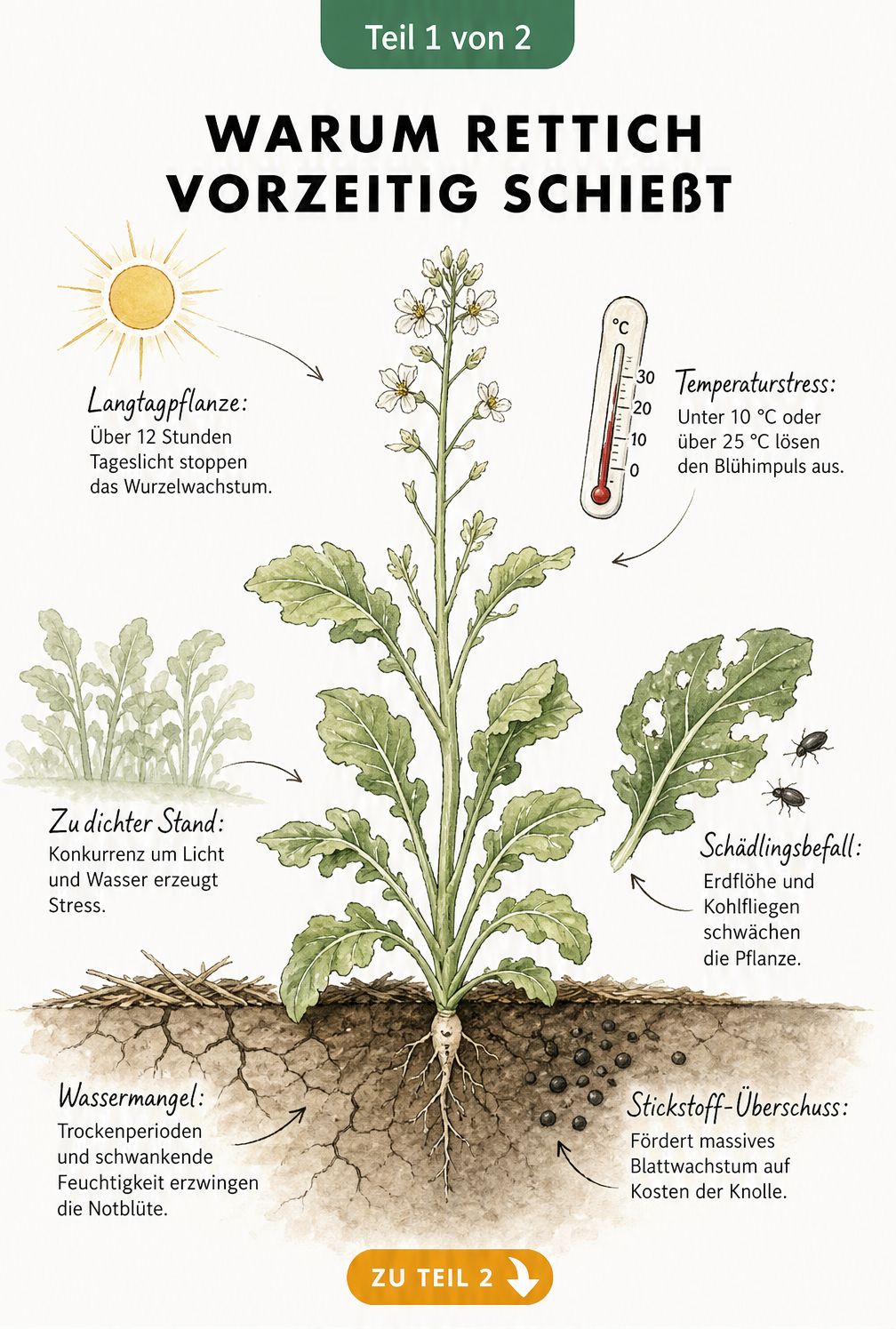 Querschnitt eines Gartenbeets mit einer schießenden Rettichpflanze, die viel Blattwerk und eine verkümmerte Wurzel hat, umgeben von Stressfaktoren wie Hitze,...