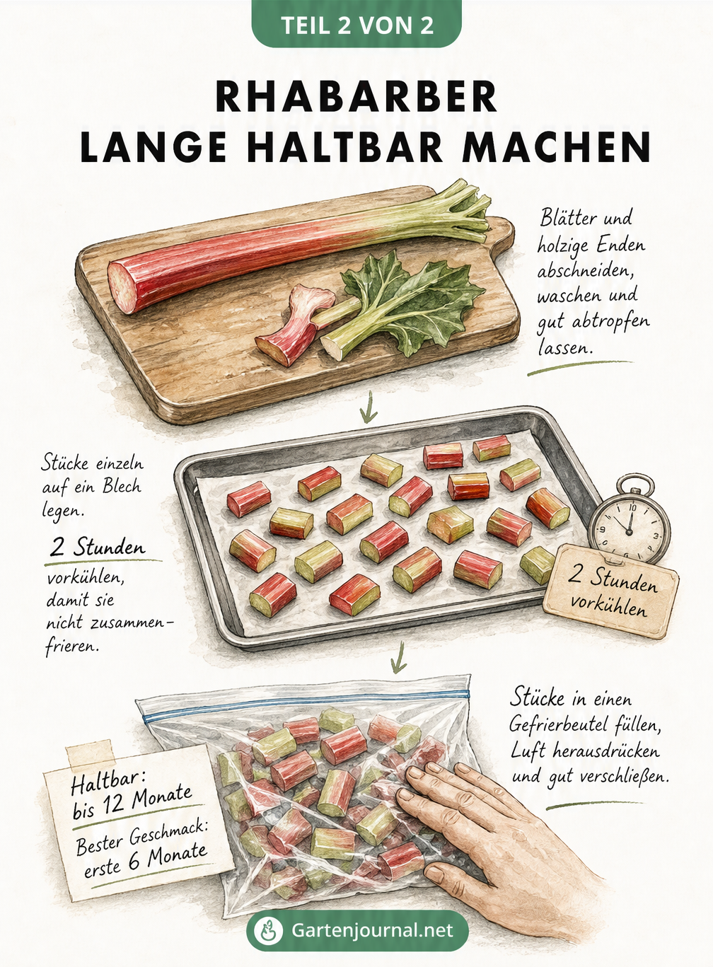 Illustration zum Einfrieren von Rhabarber: Waschen, Schneiden, Vorkühlen auf dem Backblech und Verpacken im Gefrierbeutel