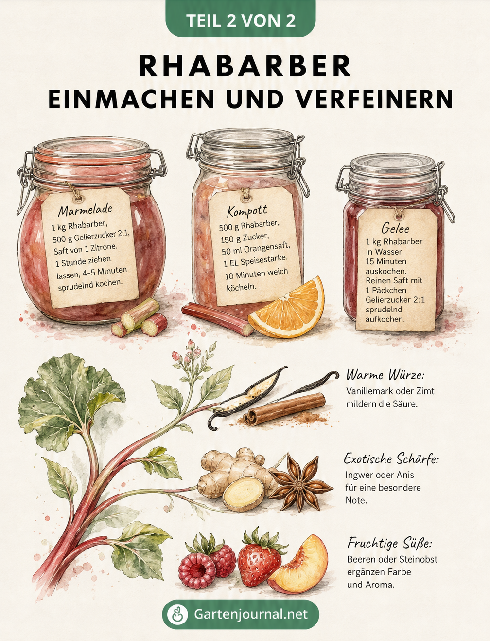 Übersicht von Rezepten für Rhabarbermarmelade, Kompott und Gelee mit Gewürzen