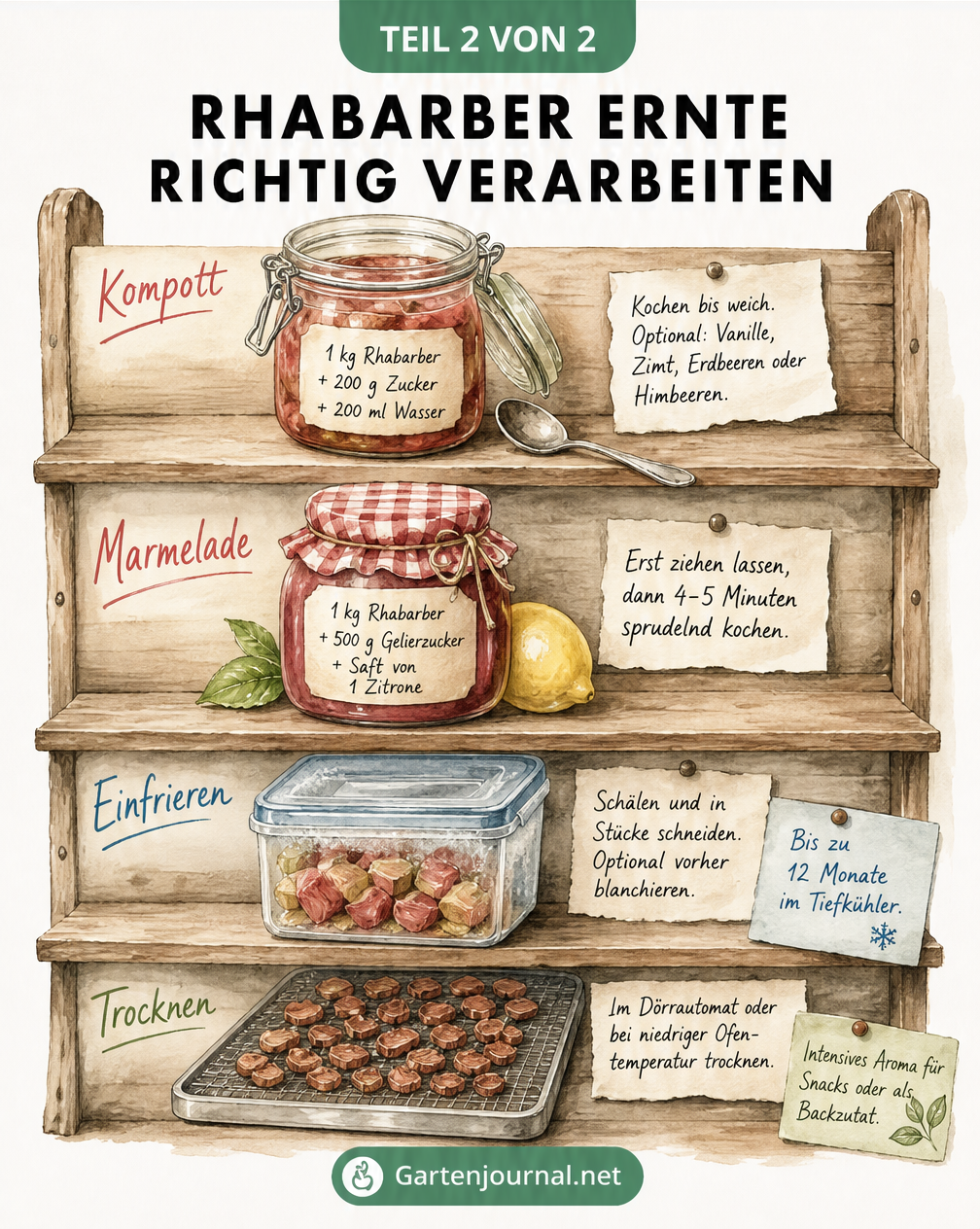 Illustration eines Küchenregals mit Methoden zur Rhabarber-Haltbarmachung: Kompott, Marmelade, Einfrieren und Trocknen