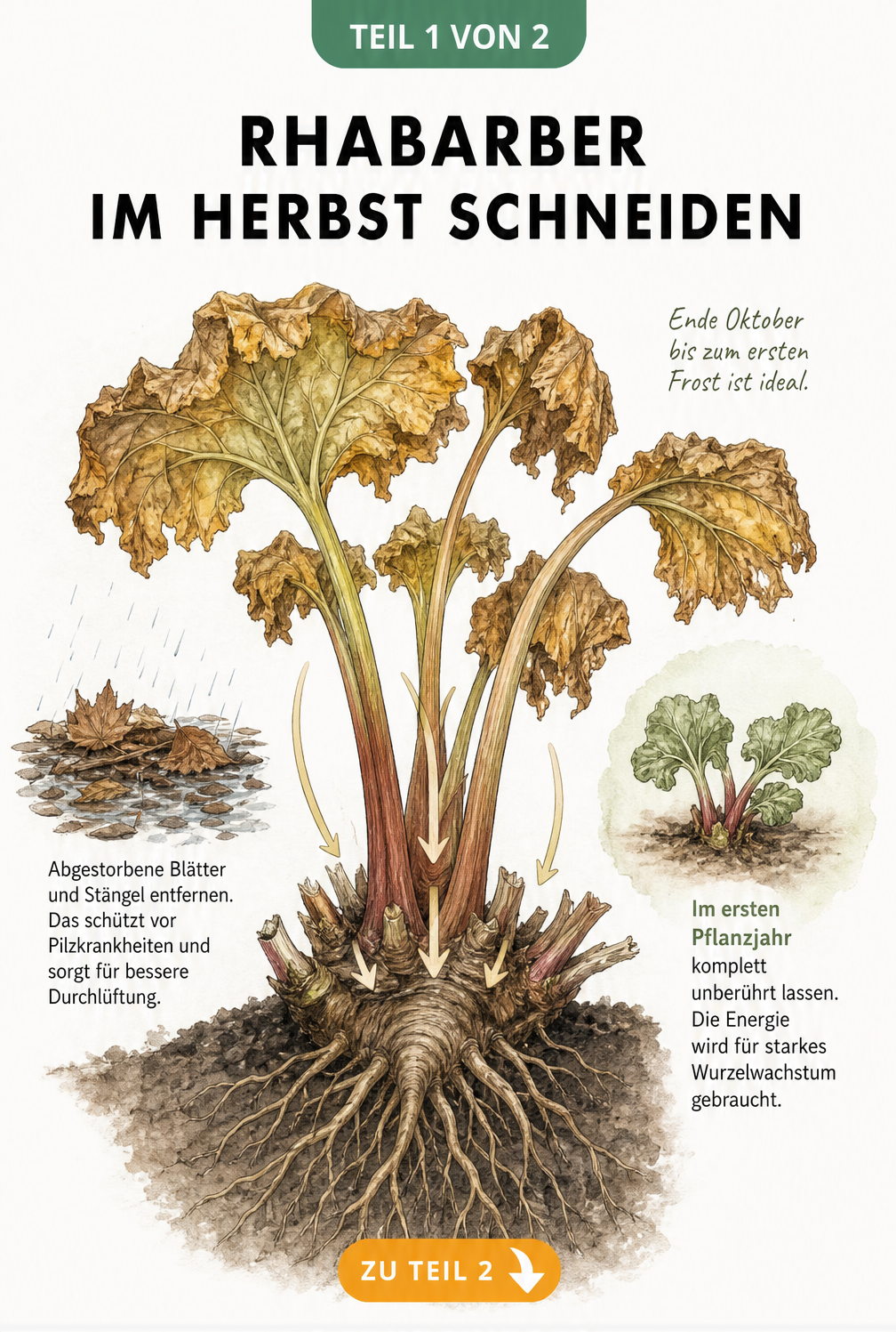 Botanische Illustration einer Rhabarberpflanze im Herbstquerschnitt mit Nährstofffluss in das Rhizom