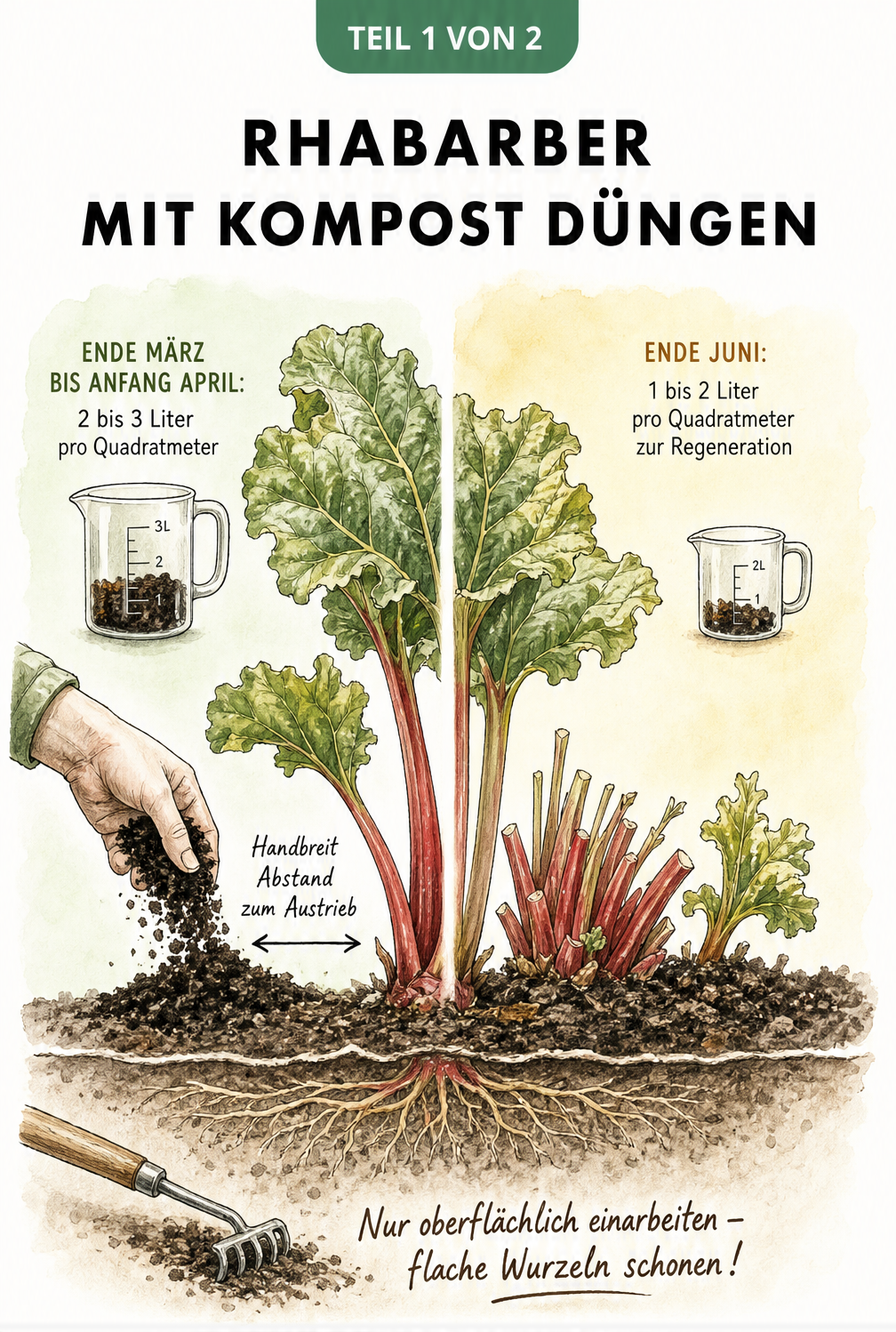 Illustration einer Rhabarberpflanze im Beet, die zeigt, wie man im Frühjahr und Frühsommer Kompost streut, ohne die flachen Wurzeln zu verletzen.